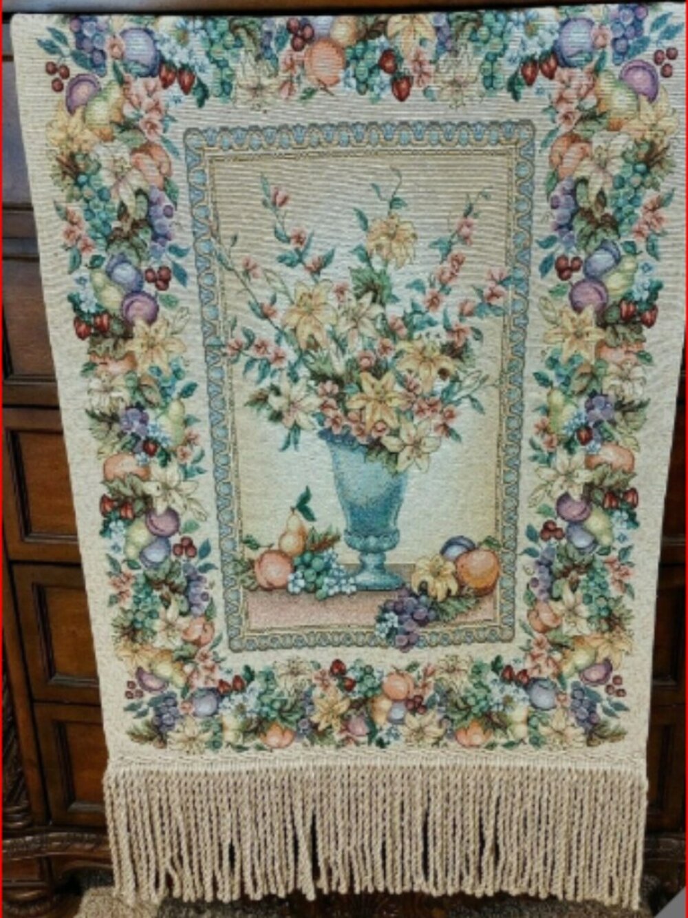 Vintage Floral & Fruit Bouquet Tapestry Wall Hanging Woven Fringe Tassel 44 Inch